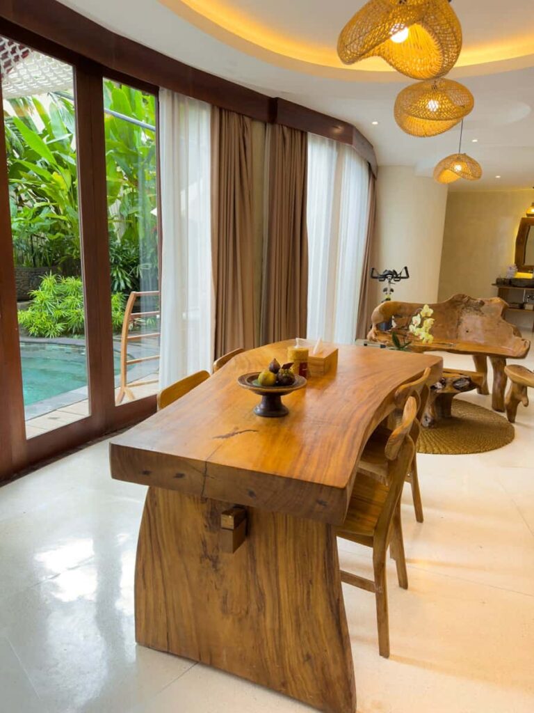 Living area on the first floor of our private villa in the Udaya hotel Ubud, Bali