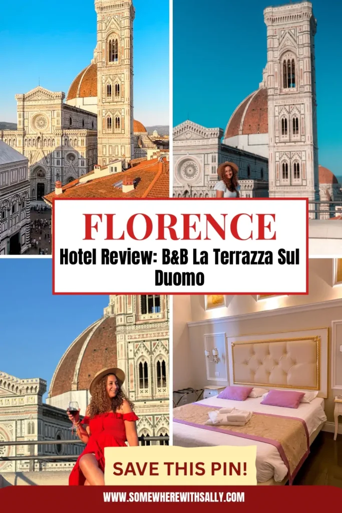 Vertical Pinterest graphic with Florence Italy city views and the text "Florence" prominently displayed. The layout is styled for a blog post about a B and b la terraza sul duomo review.
