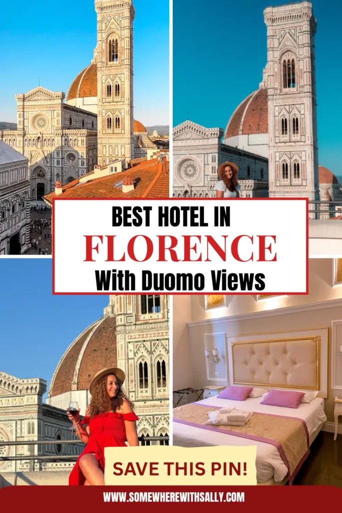 Pinterest style cover image showing a woman in a red dress in Florence Italy and another photo of white top with architecture behind her and the text "Florence." The design suggests a travel guide or hotel review feature.