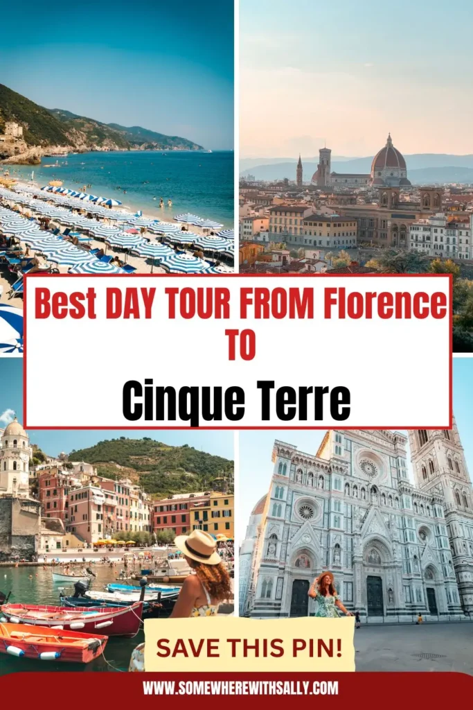 Best Cinque Terre Tour From Florence: Review & My Experience Pinterest graphic showing scenic Cinque Terre Italy coastline with pastel villages and crystal-clear sea views