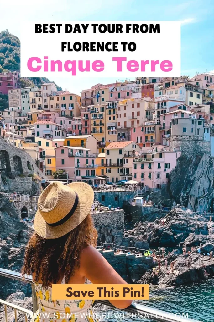 Best Cinque Terre Tour From Florence: Review & My Experience Pinterest cover featuring colourful coastal villages, turquoise water, and sunny skies in Cinque Terre Italy