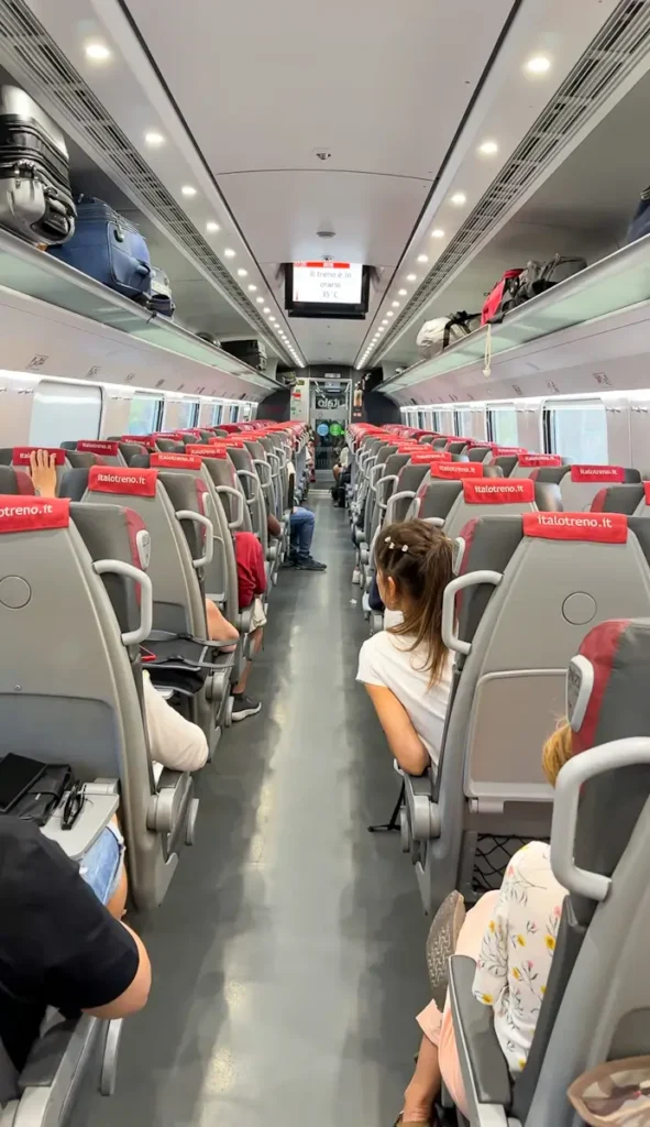 People sitting inside a crowded train in Italy with two rows of seats filled with passengers traveling through the countryside.